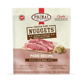 Primal Frozen Pork for Dogs: Front label of a 3 lb bag of raw, crate-free pork nuggets for dogs, highlighting its complete, balanced nutrition and easy-to-portion format.