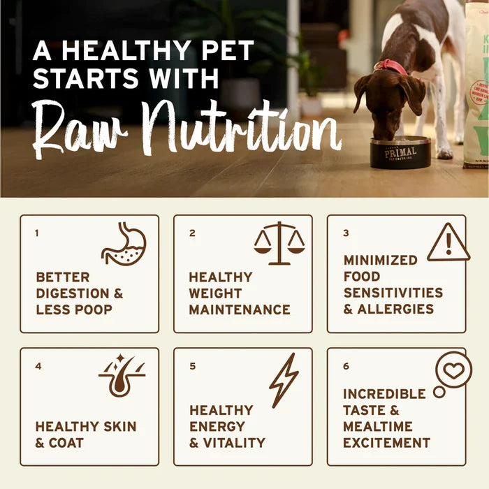 Dog eating from a Primal bowl; highlights benefits of Primal Frozen Chicken for Dogs, emphasizing raw nutrition, digestion, weight maintenance, skin health, and easy feeding nuggets.