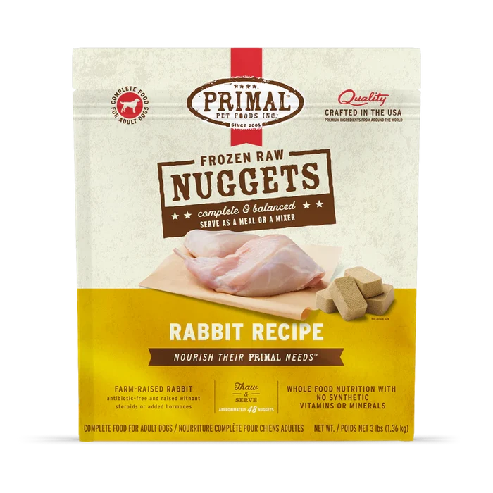 Primal Frozen Rabbit for Dogs package, featuring farm-raised, antibiotic-free rabbit nuggets, complete & balanced nutrition for adult dogs, approximately 48 nuggets per 3 lb bag.