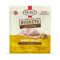 Primal Frozen Rabbit for Dogs package, featuring farm-raised, antibiotic-free rabbit nuggets, complete & balanced nutrition for adult dogs, approximately 48 nuggets per 3 lb bag.