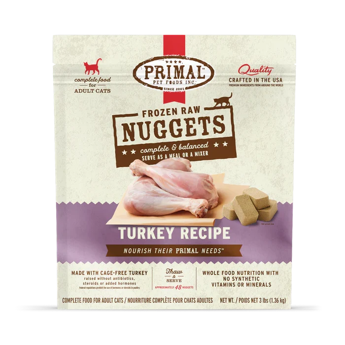 Primal Frozen Turkey Formula for Cats retail box with turkey drumsticks image, labeled Frozen Raw Nuggets, Turkey Recipe, promoting cage-free turkey, no synthetic additives, and portion-easy nuggets.