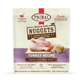 Primal Frozen Turkey Formula for Cats retail box with turkey drumsticks image, labeled Frozen Raw Nuggets, Turkey Recipe, promoting cage-free turkey, no synthetic additives, and portion-easy nuggets.