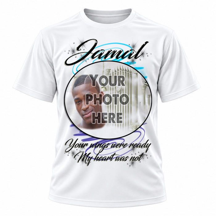 Personalized Your Photo On a T-Shirt, front-view T-shirt mockup featuring custom Air-Volution artwork by Mythic Airbrush