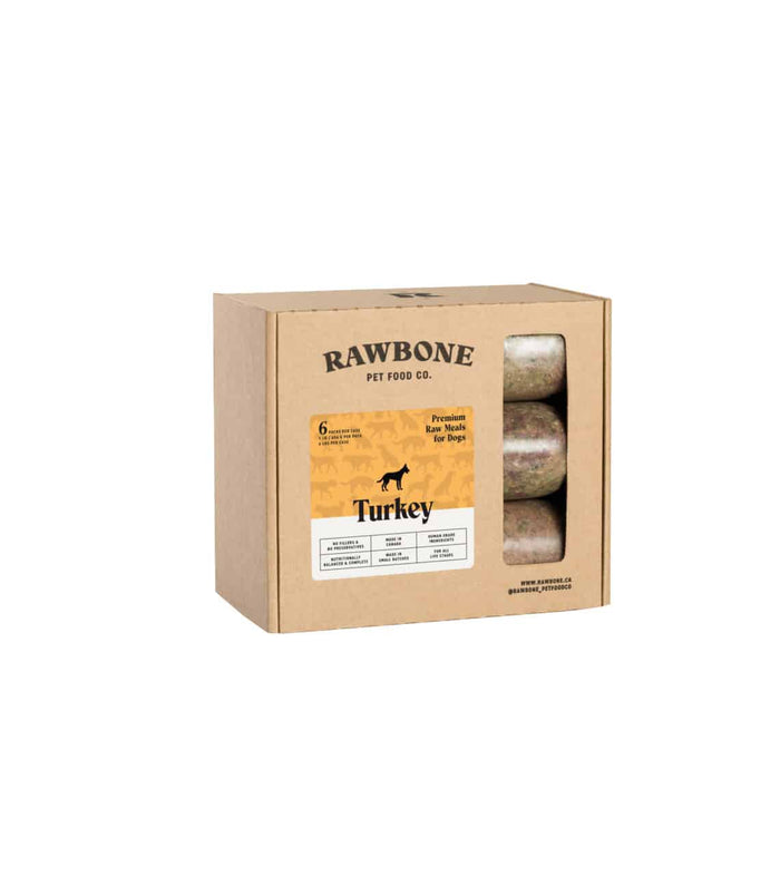 Rawbone Mixed Protein Turkey Meal carton with six frozen meals, featuring turkey, beef organs, and vegetables, each in 1-lb tubes for easy portioning.
