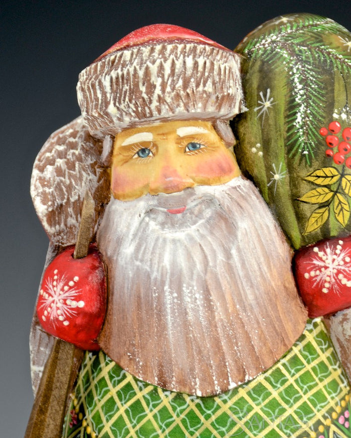 Red and Green Russian Santa with Holly Toy Bag
