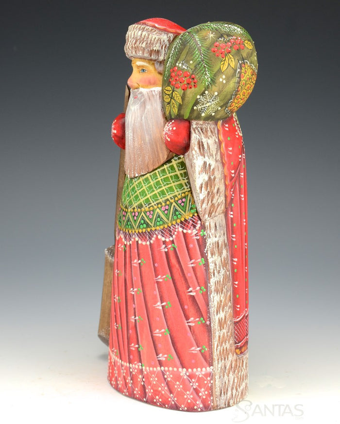 Red and Green Russian Santa with Holly Toy Bag