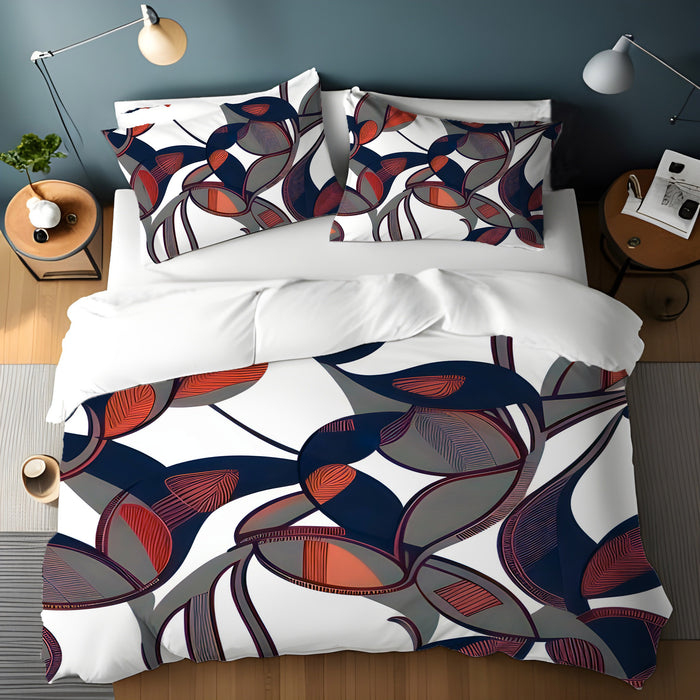 Red and Navy Botanical Geometric Pattern Duvet Cover