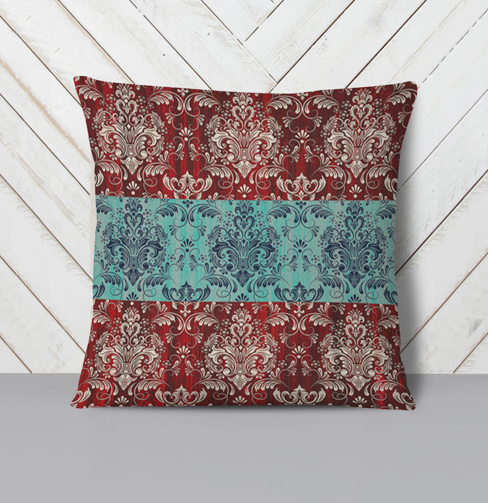 Red and Teal Ornamental Damask Stripe Pattern Throw Pillow Cover