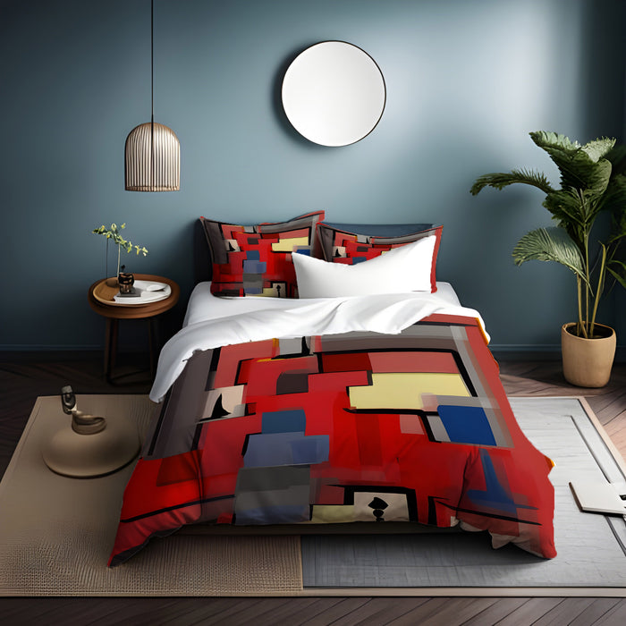 Red Geometric Abstract Block Pattern Duvet Cover
