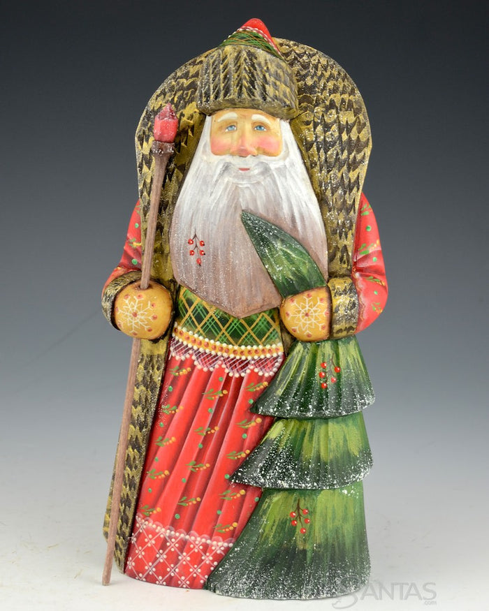Red Green and Gold Frosted Santa with Christmas Tree