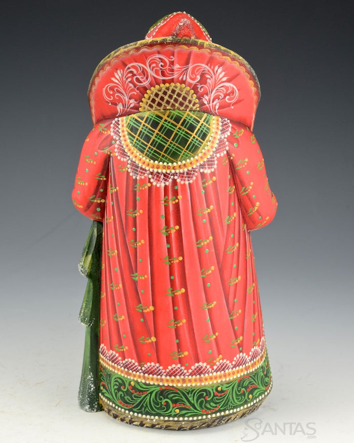Red Green and Gold Frosted Santa with Christmas Tree
