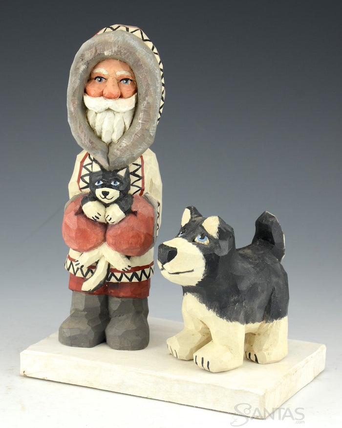 Russell Scott Arctic Santa with Husky Pup and Dog