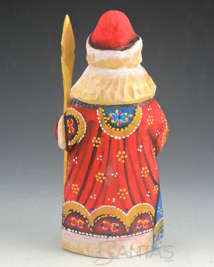 Russian Santa in Traditional Red holding a Toy Bag and Staff 6 inch