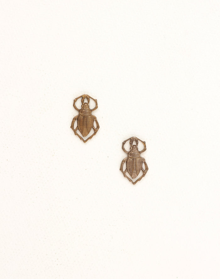 Bronze scarab earrings on white background
