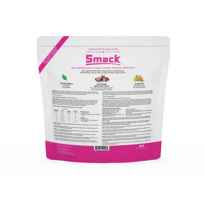 Smack Lip Smacking Lamb for Dogs features a white pouch with pink accents, highlighting grass-fed lamb, 100% natural ingredients, and versatile feeding options.