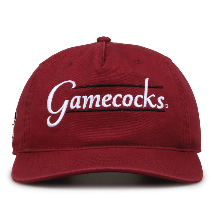 South Carolina Gamecocks Original Heritage Bar Snapback in cardinal, front view of embroidered school script and bar design