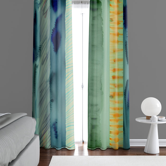 Striped Window Curtain - Green and Orange Watercolor Stripes - Deja Blue Studios