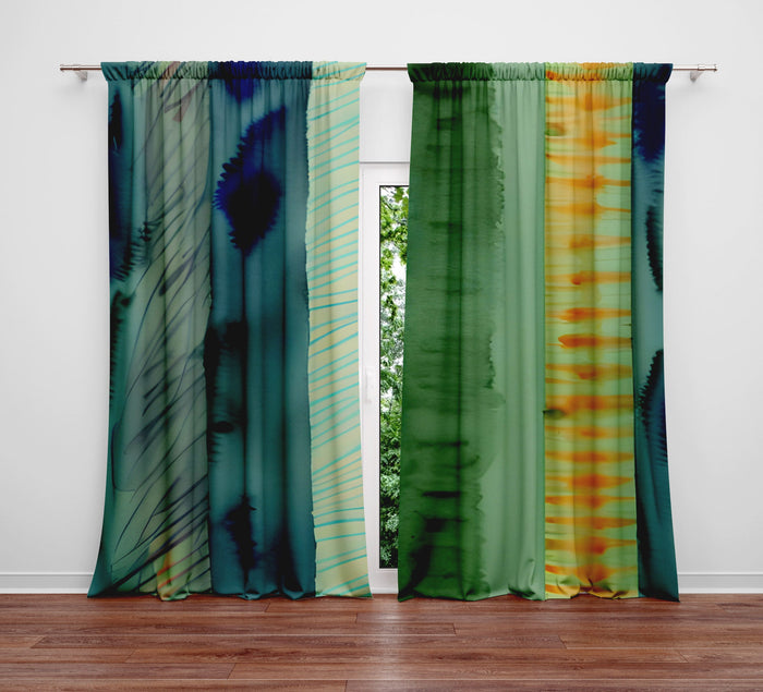 Striped Window Curtain - Green and Orange Watercolor Stripes - Deja Blue Studios