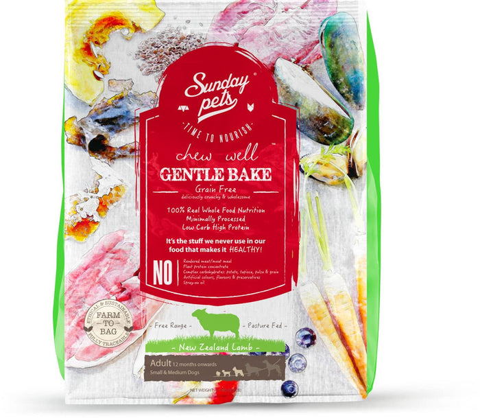 Sunday Pets Lamb for Dogs kibble, New Zealand Lamb recipe, features whole-food ingredients like lamb, carrots, blueberries, mussels, seeds; grain-free, minimally processed, nutrient-dense.