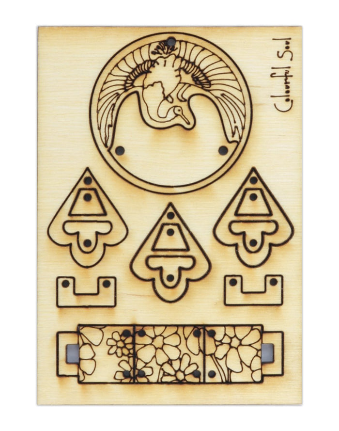 bird, flowers, and geometric elements.
