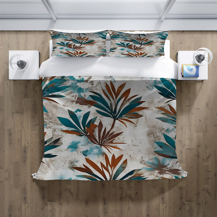 Teal and Brown Botanical Pattern Duvet Cover