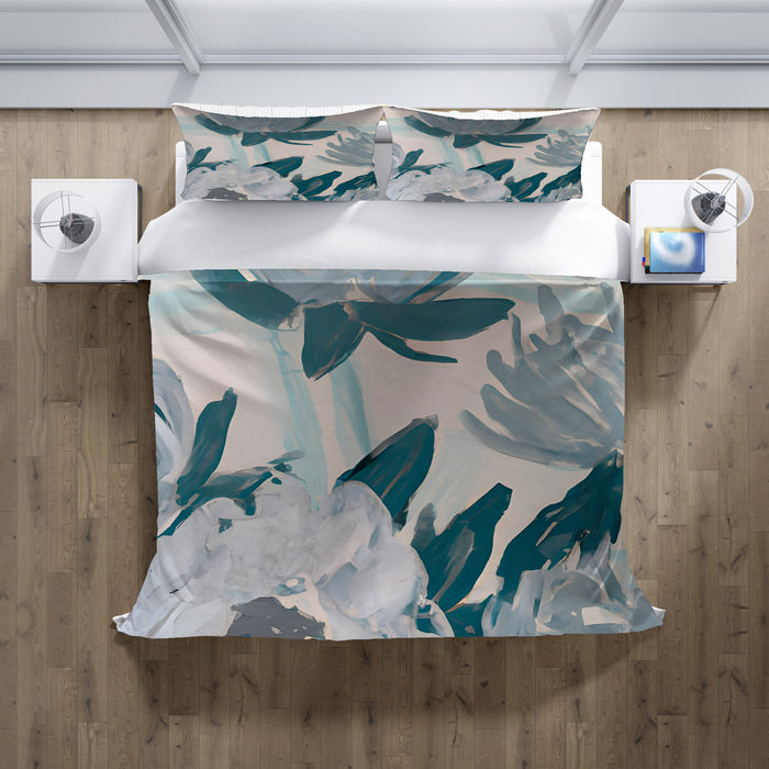 Teal Botanical Abstract Brush Pattern Duvet Cover