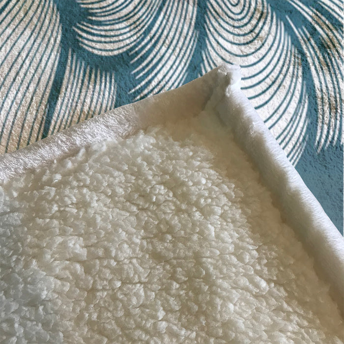 Teal Flowing Leaf Line Botanical Pattern Fleece Sherpa Blanket