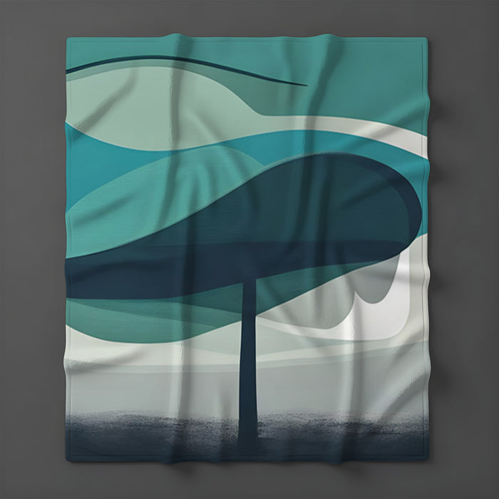 Teal Minimalist Tree Landscape Artwork Fleece Sherpa Blanket