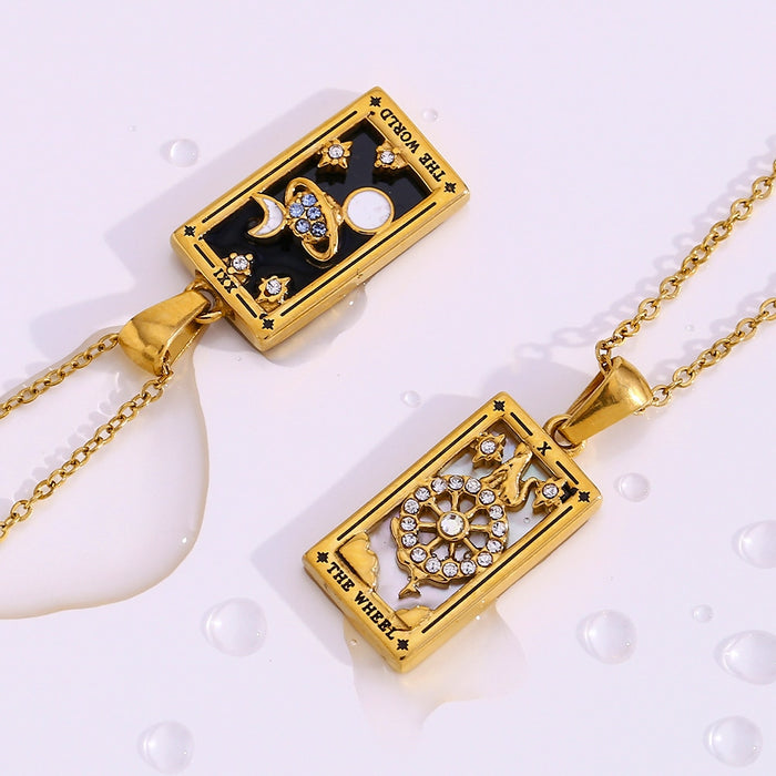 The Wheel - Tarot card Dainty 18k Necklace with Silver Enamel