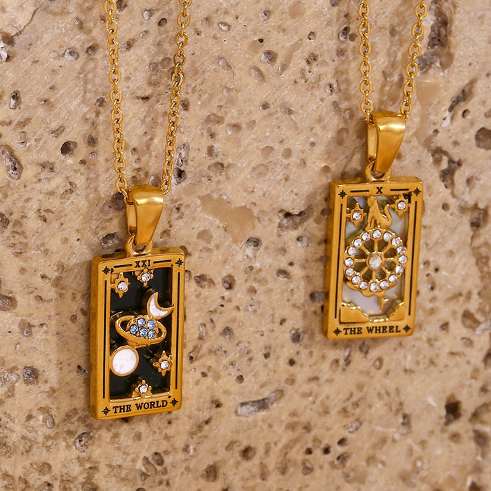 The Wheel - Tarot card Dainty 18k Necklace with Silver Enamel