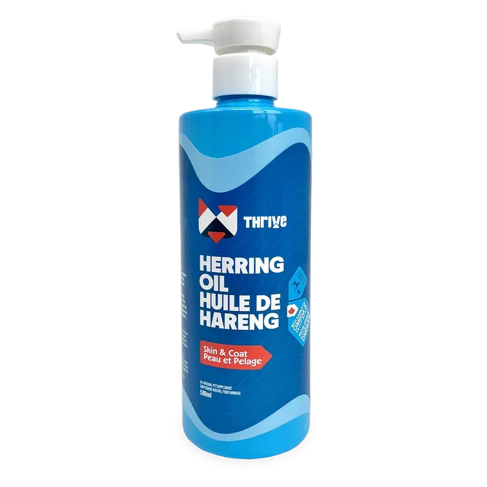 Thrive Herring Oil 500 mL pump bottle, all-natural fish-oil supplement for pets, supports skin and coat health with Omega-3 from wild-caught North Atlantic herring.
