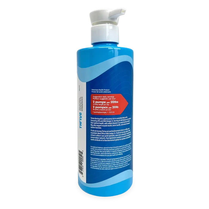 Thrive Herring Oil pump bottle for pets, offering Omega-3 support from wild-caught herring, with a suggested dose of 2 pumps per 20 lb.