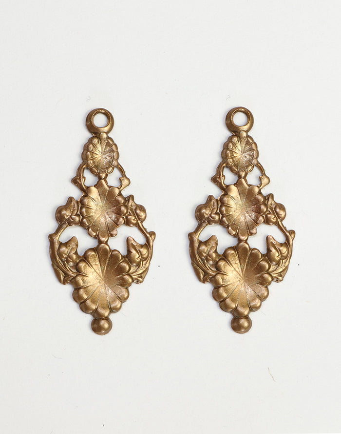 DP031 - Pair of antique brass floral pendants