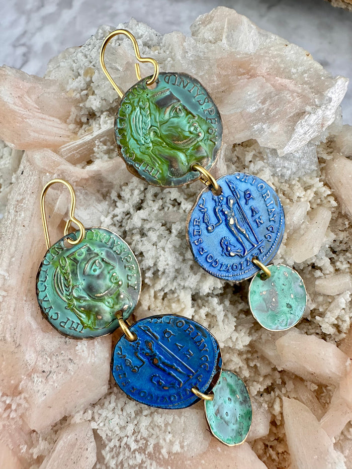 Ancient coin earrings on display