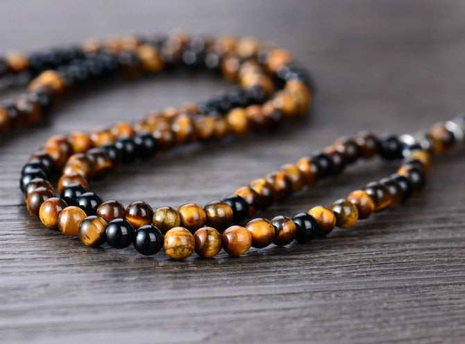 Tiger Eye & Black Onyx Beaded Necklace with Hamsa Fatima Hand Pendant