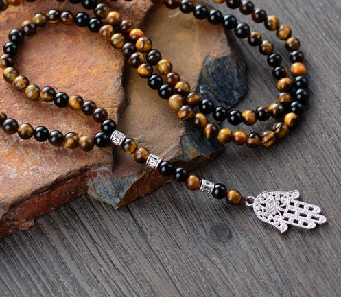 Tiger Eye & Black Onyx Beaded Necklace with Hamsa Fatima Hand Pendant