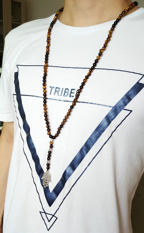 Tiger Eye & Black Onyx Beaded Necklace with Hamsa Fatima Hand Pendant