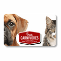 Gift card banner with True Carnivores – Raw Food for Pets – Since 1996 badge, flanked by a dog and cat, promoting pet-food e-gift cards.