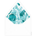 Large watercolor palm leaves in turquoise. Small Ceci logo towards the bottom of the liner.