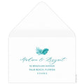 Turquoise watercolor palm leaves with turquoise scrip and san serif centered underneath.