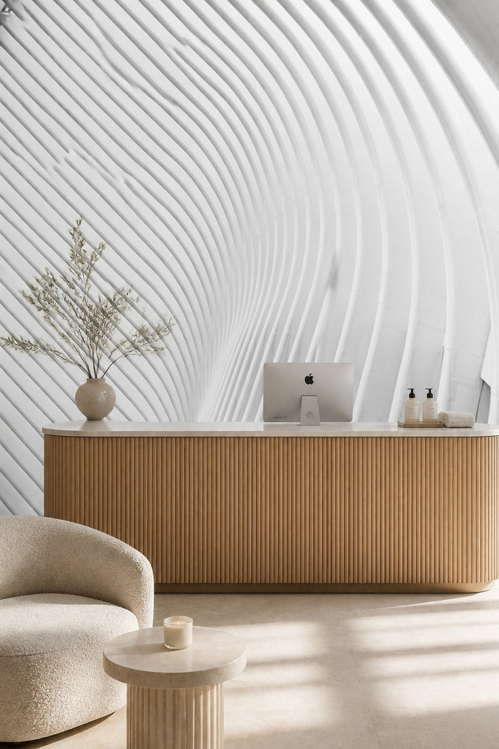 White Curved Architectural wall mural in a reception lounge