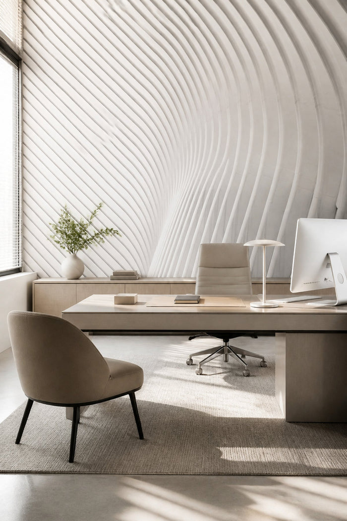 White Curved Architectural wall mural in a home office