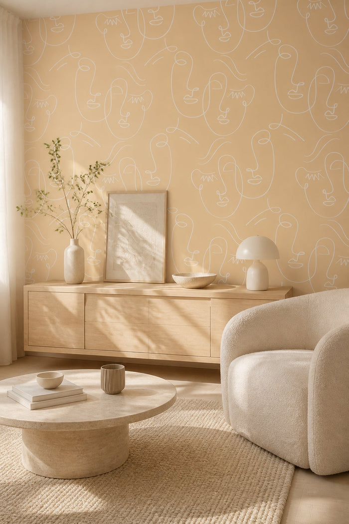 White Gold Abstract Twin Faces mural in a living room with credenza