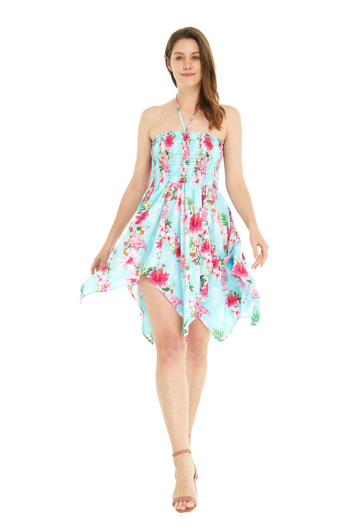 Women's Fairy Uneven Bottom Luau Dress in Pink Hibiscus Vine Turquoise