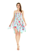 Women's Fairy Uneven Bottom Luau Dress in Pink Hibiscus Vine Turquoise