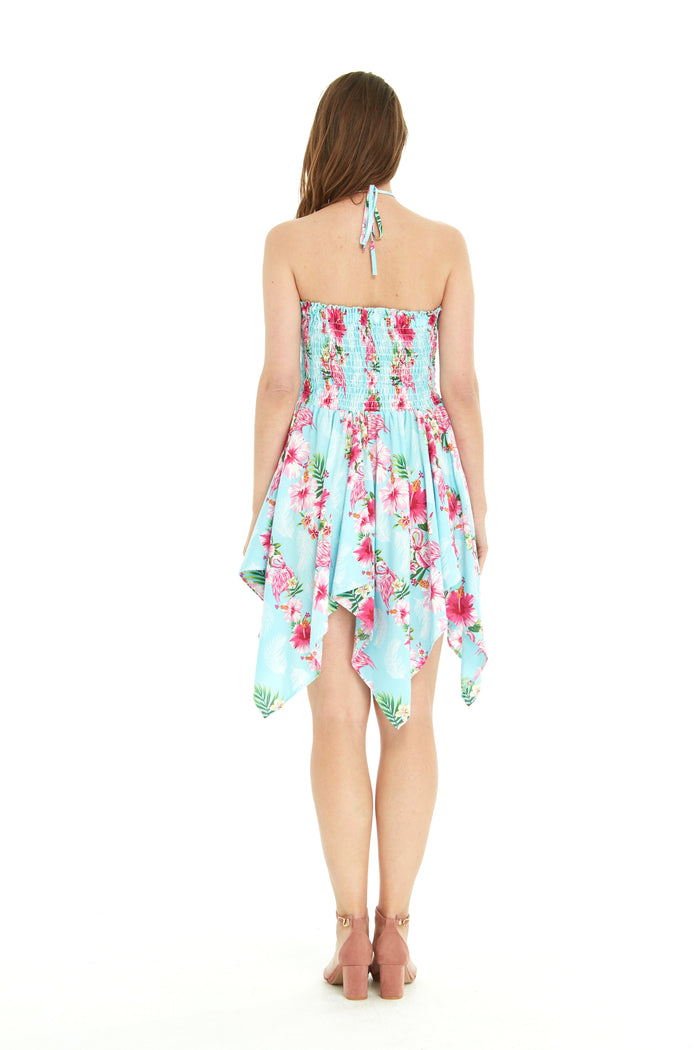 Women's Fairy Uneven Bottom Luau Dress in Pink Hibiscus Vine Turquoise