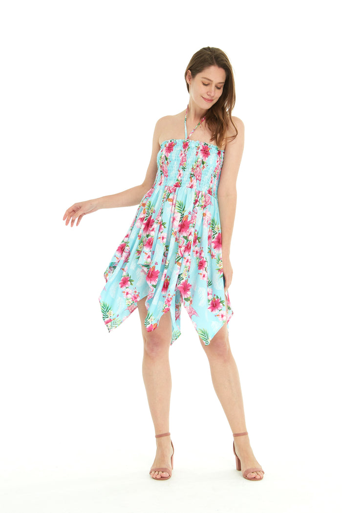 Women's Fairy Uneven Bottom Luau Dress in Pink Hibiscus Vine Turquoise