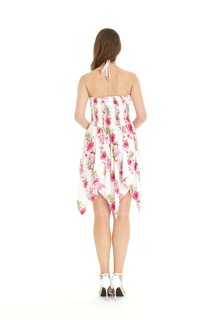 Women's Fairy Uneven Bottom Luau Dress in Pink Hibiscus Vine White
