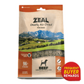 Zeal Air-Dried Beef for Dogs package features 96% meat, grain-free, ethically sourced, 16 oz. Includes Frequent Buyer Rewards badge, highlighting jerky-like pieces for convenient feeding.