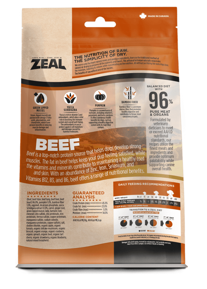 Zeal Air-Dried Beef for Dogs pouch back highlights ingredients, 96% meat content, nutritional benefits, feeding guidelines, and Made in Canada origin.